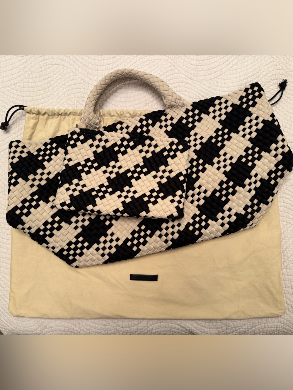 Naghedi Black and Cream Woven Tote with Matching Pouch
